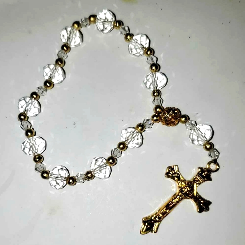 Hand Held Rosary Bracelet Marked Jerusalem Crystal & Golden Beads With Crucifix